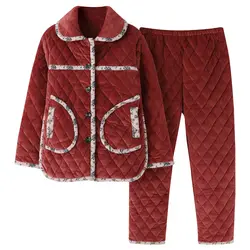 Зимние женские толстые теплые Clip Cottom пижамный комплект Женское ночное белье с длинным рукавом Turn-Down Воротник Плюс Размер Pijamas Mujer ночное