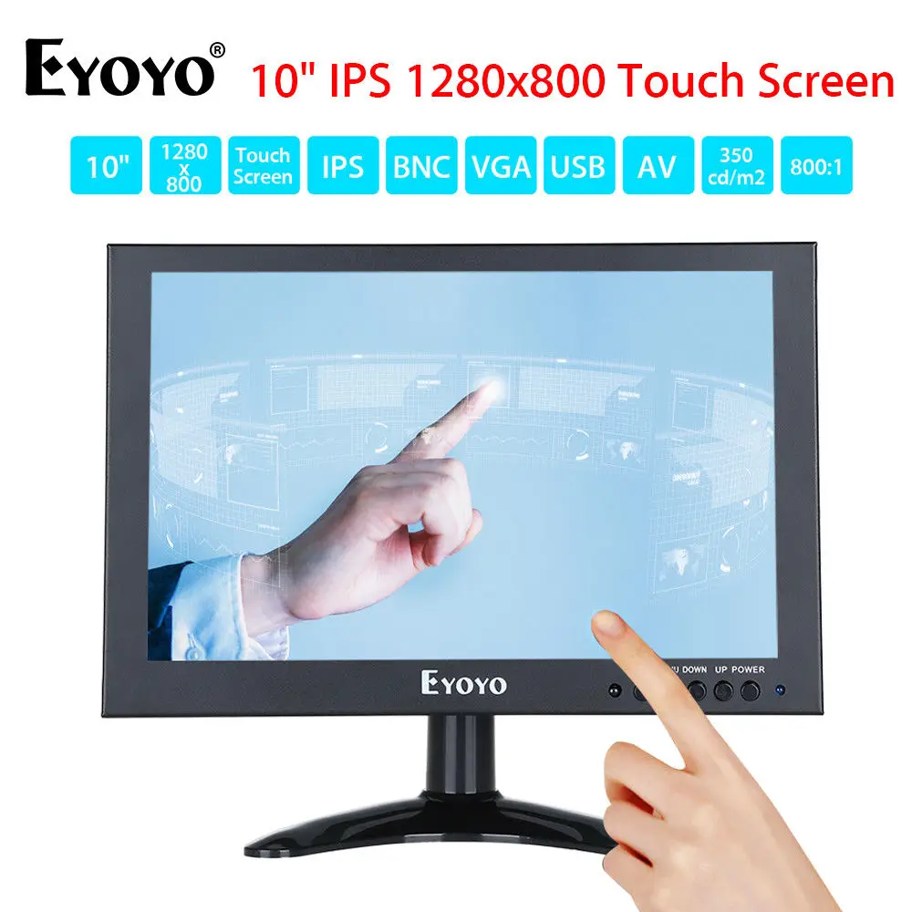 

Eyoyo 10"IPS LED Full 1280x800 Touch Screen Monitor With BNC VGA AV HD Video Input 350cd/m2 Black For PC Laptop DVR DVD CCTV