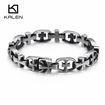 

KALEN Classic Stainless Steel Cross Charm Bracelets For Men 21cm Linking Chain Crucifix Christ Prayer Bracelets Jewelry