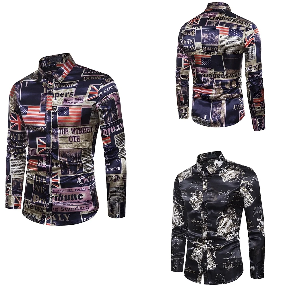 Autumn Winter Fashion US BR Flag Print Design Lapel Long sleeved Shirt ...