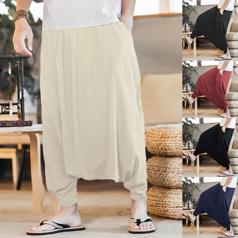 Fashin Дизайн льняные шаровары Штаны человек свободные отдых хип-хоп крест широкую ногу-Штаны джоггеры теленок-длина хлопковые брюки Pantalon