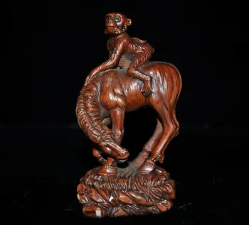 

wedding decoration 5"Old China Feng Shui Boxwood Wood carved Zodiac animal monkey ride horse statue