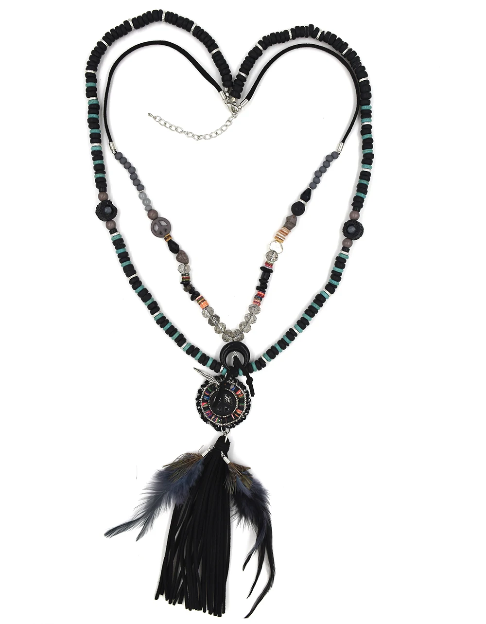 Handmade Wooden Black beads Chain Feather Leather Tassel pendants Moon Crescent Charms Statement Necklace Tribal Boho Necklace