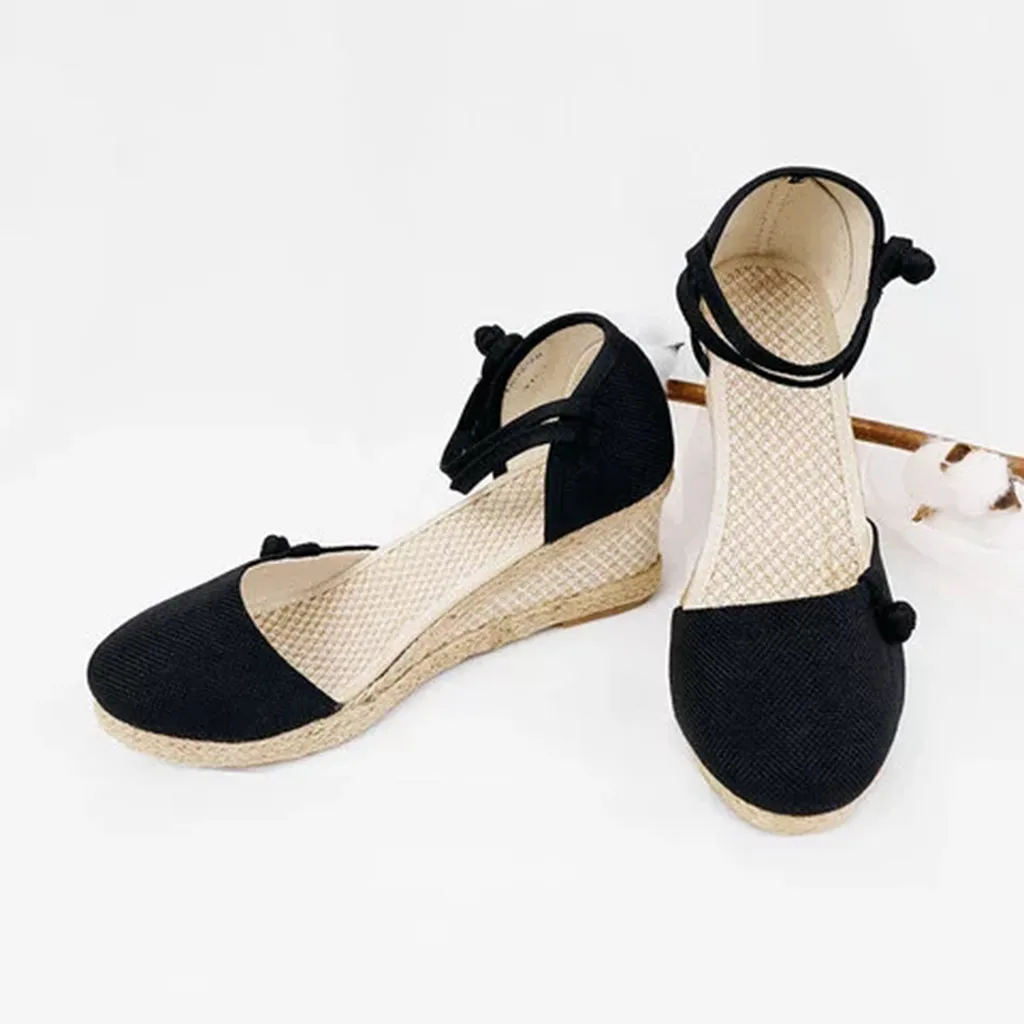 SAGACE/Женская обувь в стиле ретро; льняная парусиновая пикантная женская обувь высокого качества; повседневная обувь на танкетке с круглым носком; тонкие туфли