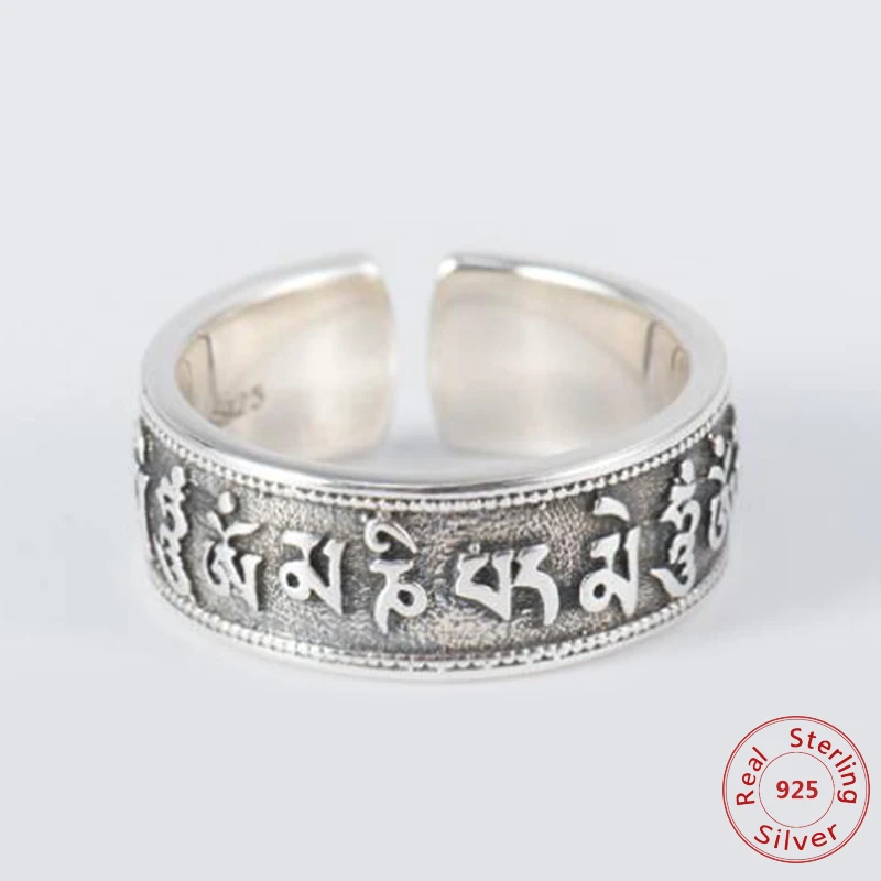 

925 Sterling Silver Ring Buddha 100% Real S925 Thai Silver Six words of mantra Rings for Women Jewelry Adjustable Size