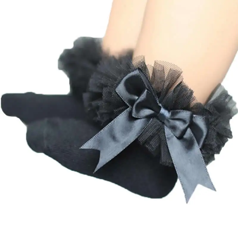 Короткие кружевные носки принцессы с цветочным принтом и бантом для маленьких девочек модные детские хлопковые безбортные носки с оборками - Цвет: black big lace