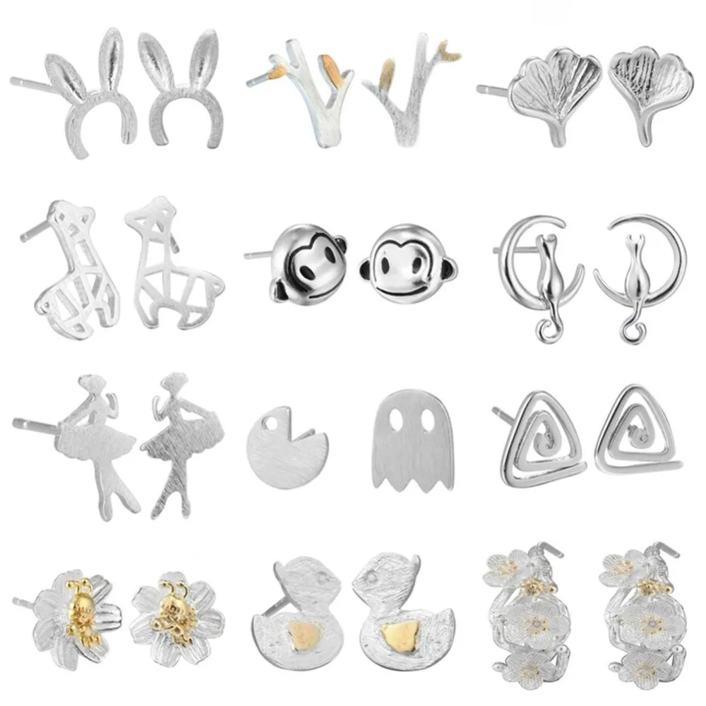 

QIAMNI Trendy Rabbit Tree Deer Monkey Cat Stud Earring for Women Dancer Triangle Flower Earring Birthday Gift Charm Pendientes