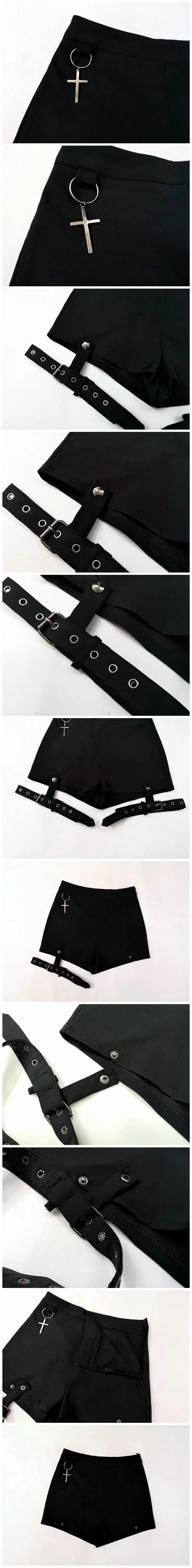 LMCAVASUN летние женские шорты в стиле панк-рок, сексуальные летние модные черные шорты с перекрещивающимися кольцами и орнаментом