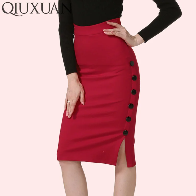 

QIUXUAN Plus Size 5XL Women Pencil Skirts Summer Autumn Sexy Package Hip Skirt Occupation Side Button OL High Waist Skirts