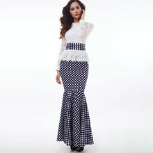 Party Lace Floral Autumn Vintage Women Polka Dot Dress Long Sleeve Floor-Length Ruffle Mermaid Ladies Elegant Prom Long Dresses floral lace insert polka dot dress
