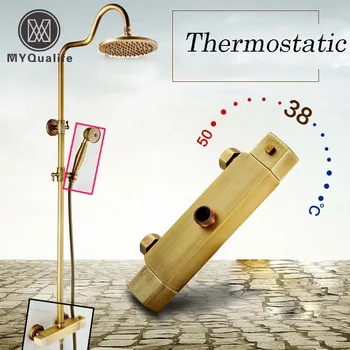 

Dual Handles 8" Rainfall Thermostatic Shower Faucet Wall Mounted Brass Antique Bathroom Shower Mixers + Handshower