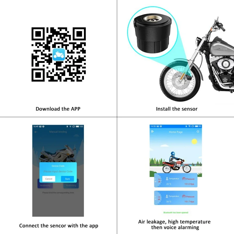 

Motorcycles Tire Pressure Mobile Phone APP Detection Alarm Bluetooth gas temperature battery Security monitor Pressure system