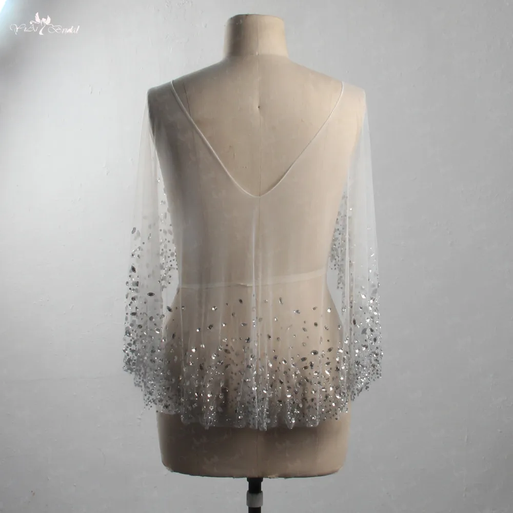 LZP415 Real Pictures Silvery Crystal White Tulle Boat Neckline Wedding Cape Ladies Heavy Beaded Bridal Jacket