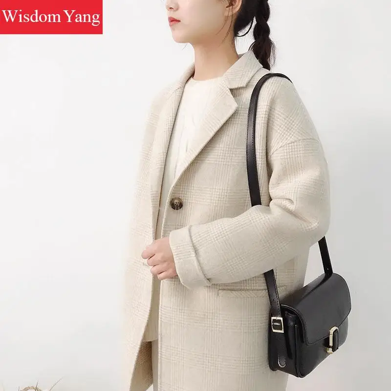 Femmes Café De Plaid Chaud Bureau Coat Laine D'hiver Beige Survêtement Costume Coat Dames Élégantes Manteaux Pardessus coffee Travail Manteau Oversize Moutons r7zwEqrtx