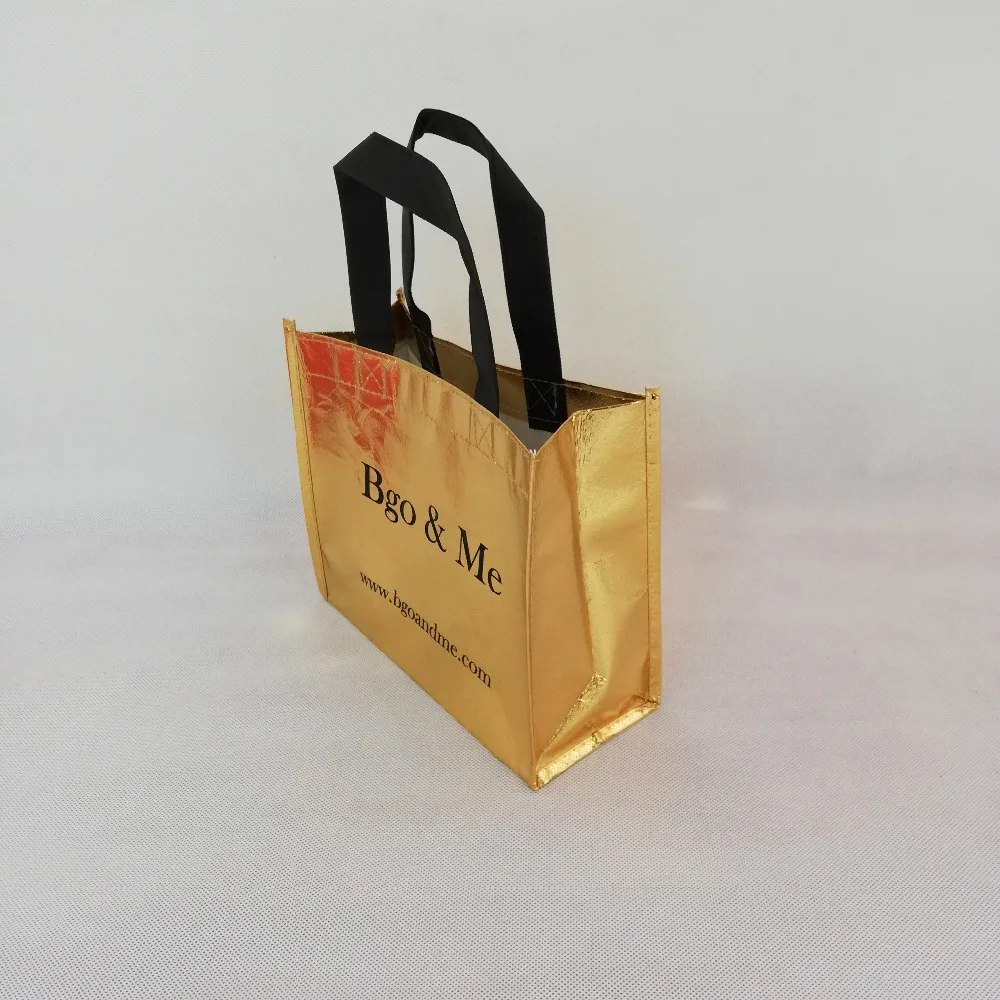 Оптовая продажа 500 шт./лот логотип печать рекламных металлик золото ламинированные нетканые продуктовые сумка