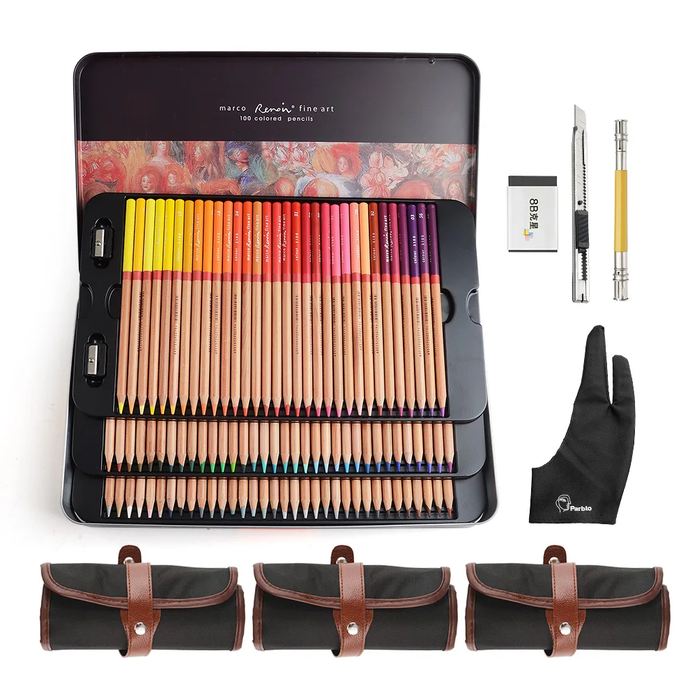Conjunto de lápices de colores profesionales de arte fino Marco Renoir 100 colores + 3 bolsas de rodillos + guante antiincrustante de dos dedos - 1