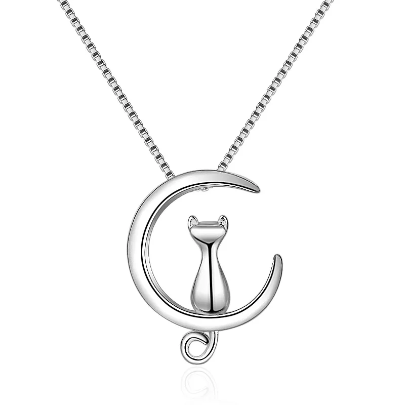 Fashion Necklace for Youth Genuine 925 Sterling Silver 45cm Box Chain Pretty Cute Cat Shape Necklace Pendant Friendship Gift Fashion Necklace for Youth Genuine 925 Sterling Silver 45cm Box Chain Pretty Cute Cat Shape Necklace Pendant Friendship Gift