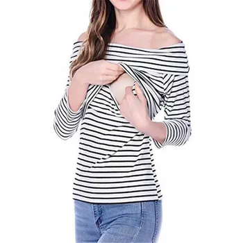 

Women Maternity Clothes Fashion Stripe Breastfeeding Tops Off-shoulder Nursing T-shirt 2018 Summer Maternity Tees Tops For Women