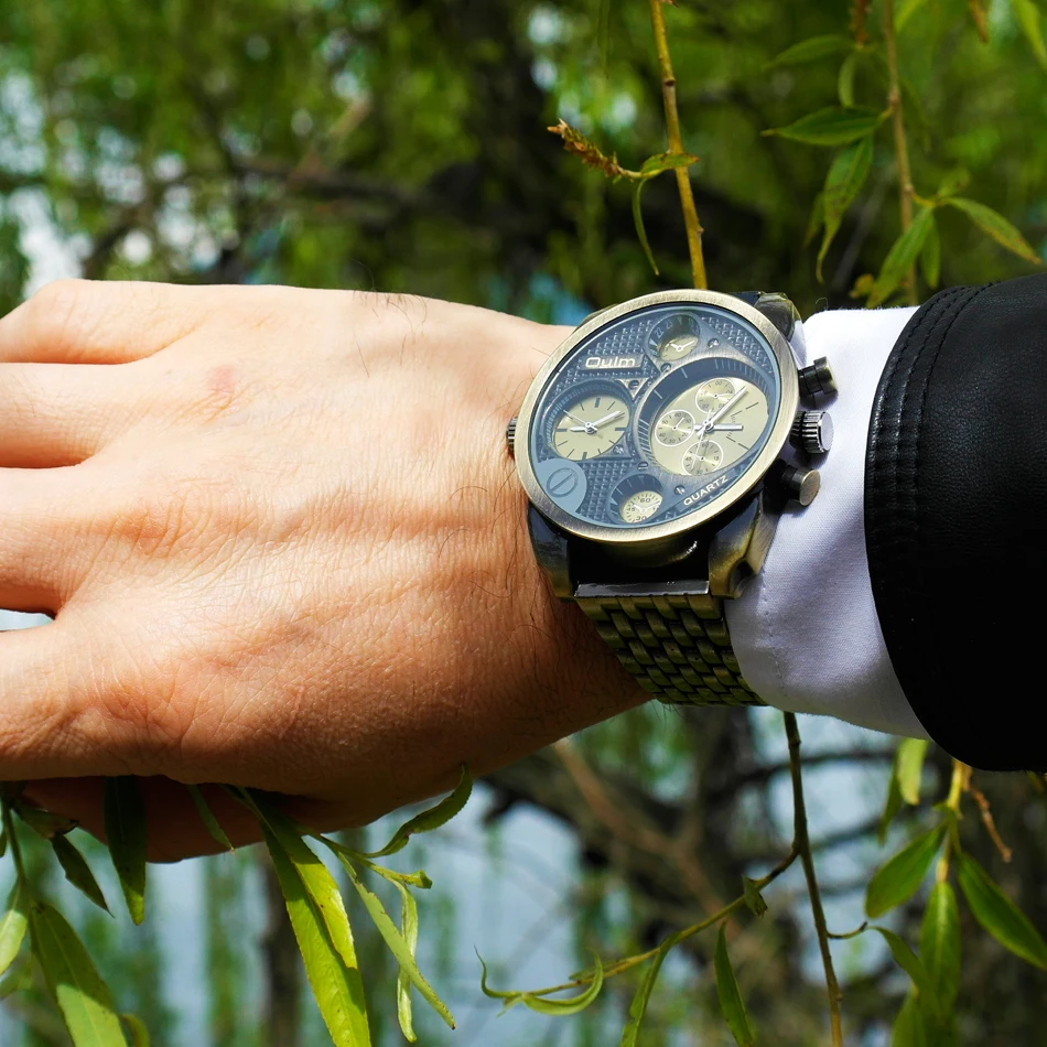 Oulm Мужские часы бронзовые ретро кварцевые наручные часы модные часы с большим циферблатом несколько часовых поясов все стальные мужские часы подарок для мужчин