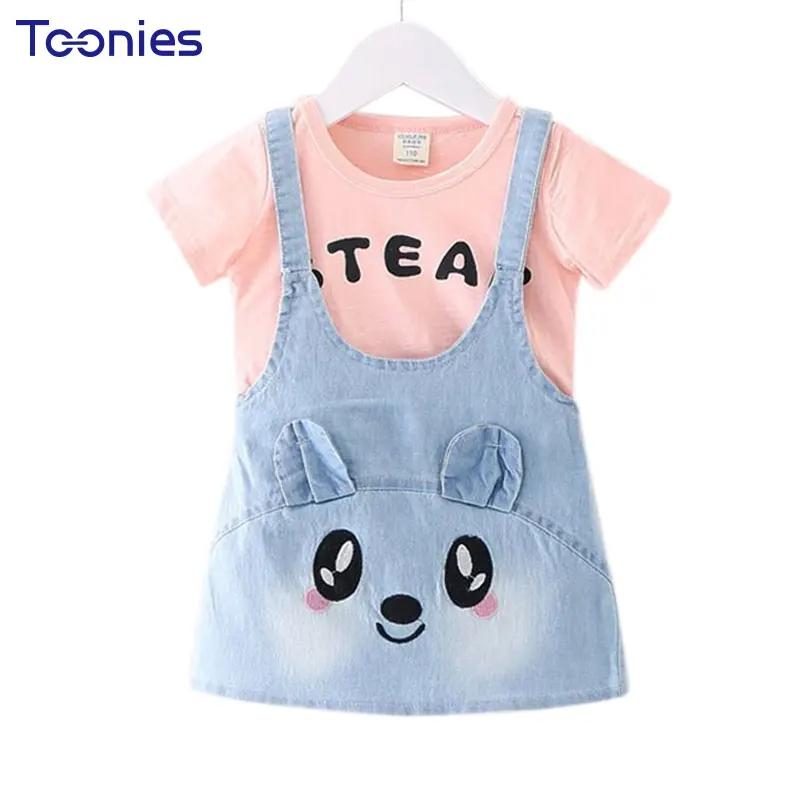 

2017 Summer Dress Cartoon Denim Dresses High Quality Girl's Strap Dress Letter Printed Children Clothing Party Costumes Fashion