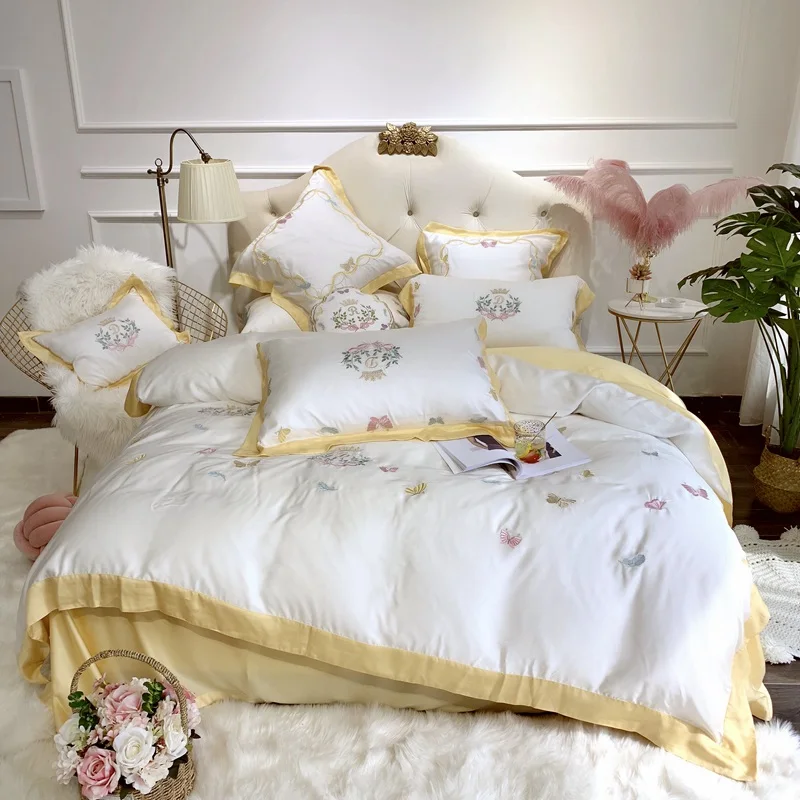 - Sweet Butterflies Embroidery Ultra Soft Tencel Silk Girls Bed Set Queen King size Bed sheet Duvet cover Pillow shams 47pieces