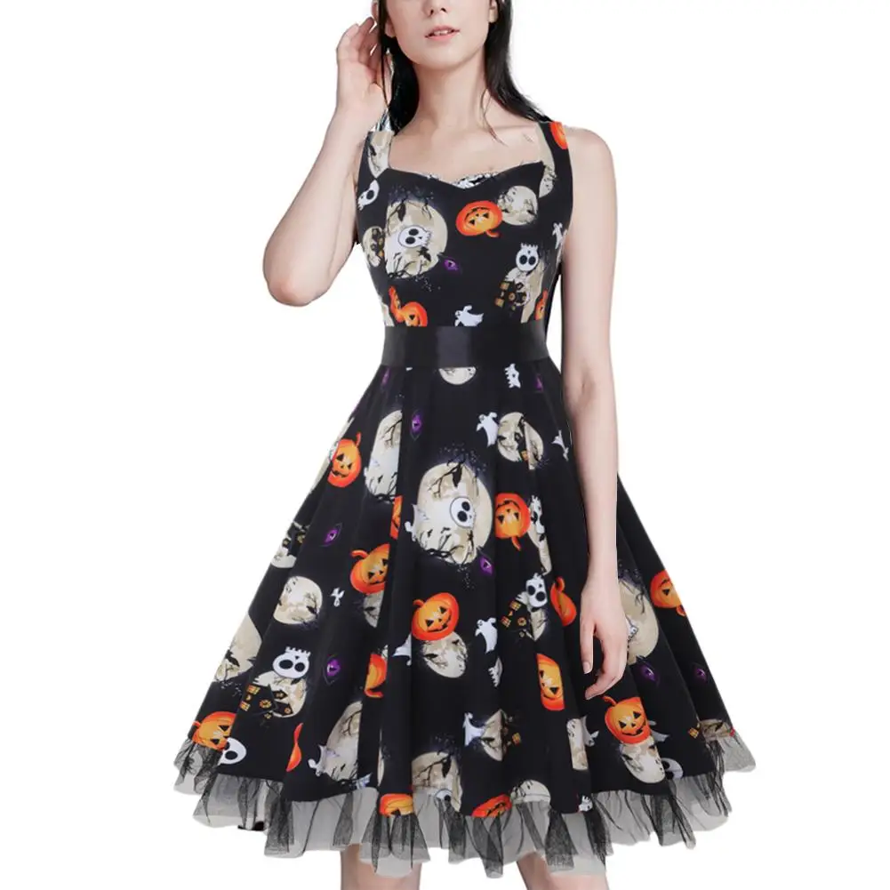 

New Women's Rockabilly Style Midi Dress Female Halloween Costumes Skeleton Cake Floral Vintage Halter Neck Slim Flare Dress 3XL