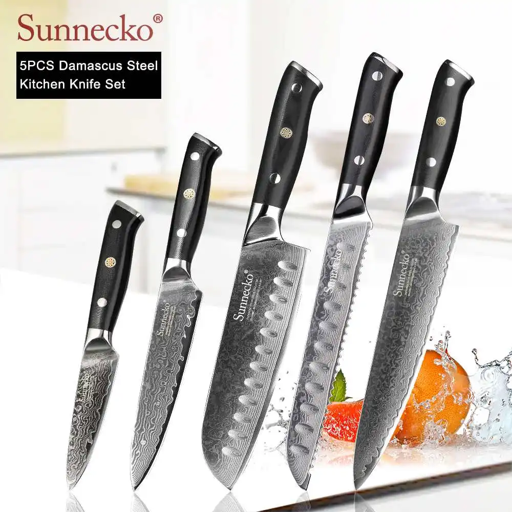 SUNNECKO дамасский нож шеф-повара Santoku для нарезки овощей нож для стейка нож для хлеба Дамасская сталь набор кухонных ножей G10 Ручка - Цвет: 5pcs Set B