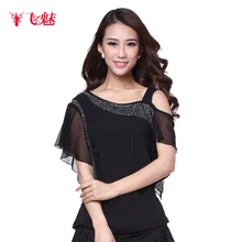 Женская одежда для квадратного танца с коротким рукавом, Косой Топ с открытыми плечами, топы для латинских танцев, для выполнения упражнений, Топ/футболки без бретелек