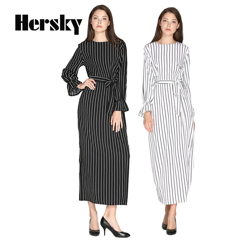 

Middle East Fashion Women Abaya Dubai Kaftan Turkey Muslim Stripe Dress Turkish Islamic Female Cardigan Trumpet Sleeve Dresses