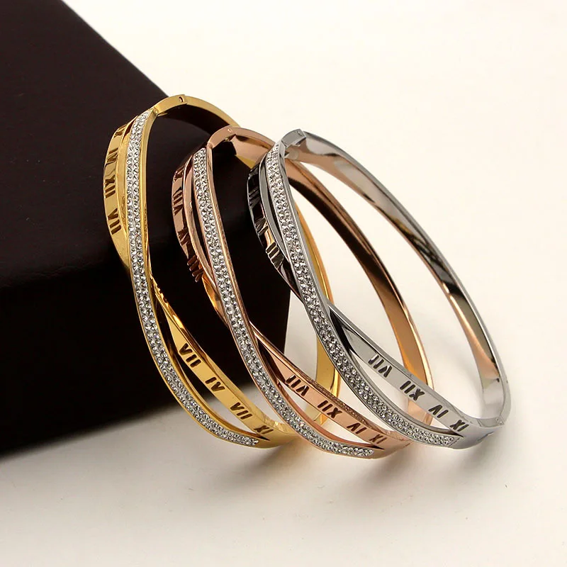 

2018 Fashion Stainless Steel Better Crystal Roman Numerals Round X Cross Bangle Bracelet Rose Gold Color Female Woman Party Gift
