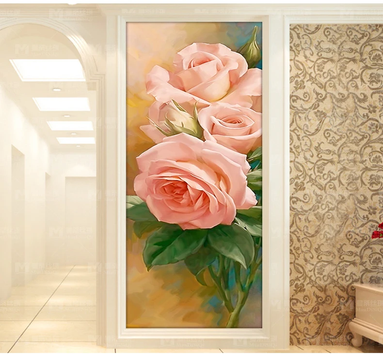 

Needlework Wholesale Diy Full Diamond Painting European Pink Rose Paintings Rhinestone Wall Stickers Set for Embroidery Crafts
