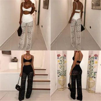 

Summer Women Lace High Waist See Through Wide Leg Long Beach Pants Hot openwork perspective stitching pants