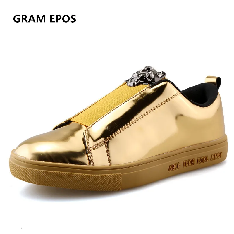 

Spring Elastic Band golden lion head Flats Casual Pantent Leather Men's Breathable comfort Walking Skate Shoes Zapatos Hombre