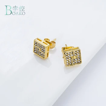 

BOAKO Hip Hop Stud Earrings For Men Women Copper Gold Color Square Cubic Zircon Earrings Women Men Fashion Luxury Golden Bling