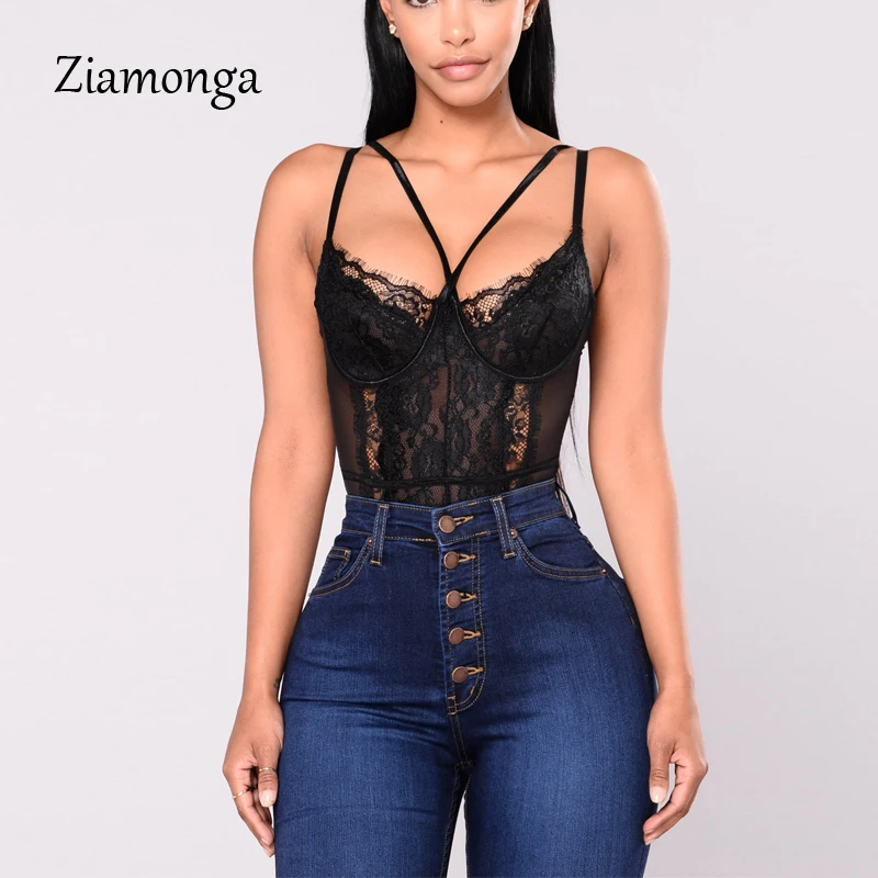 

Ziamonga Sexy Sheer Lace Women Bodysuit With Cups Summer Female Sleeveless Transparent Body Top Clothes Summer Lady Bodysuits