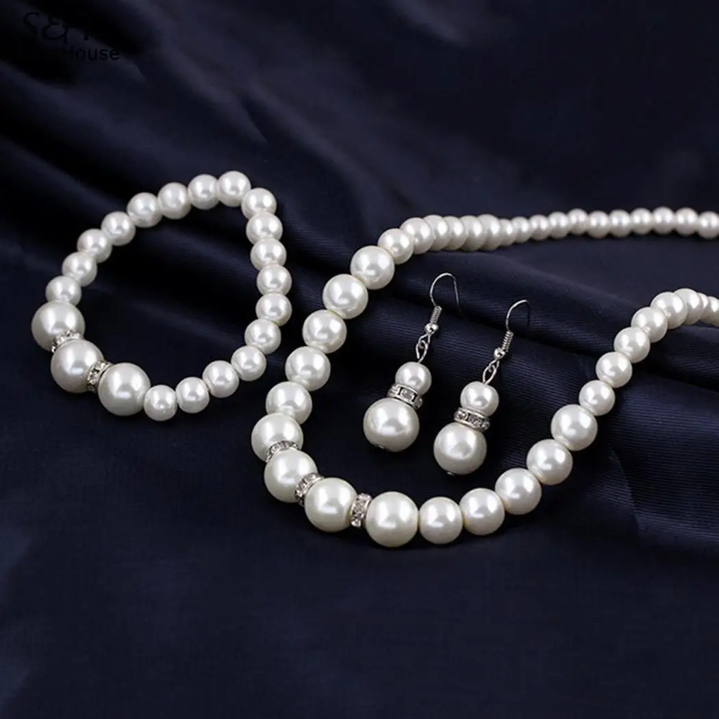 Earrings Rhinestone Imitation Pearls Necklace Stretch Bracelet Women Jewelry Setin Jewelry Sets