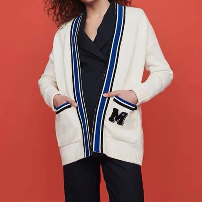 

Women Autumn Sweater V-neck White Loose Knitted Cardigans Coat