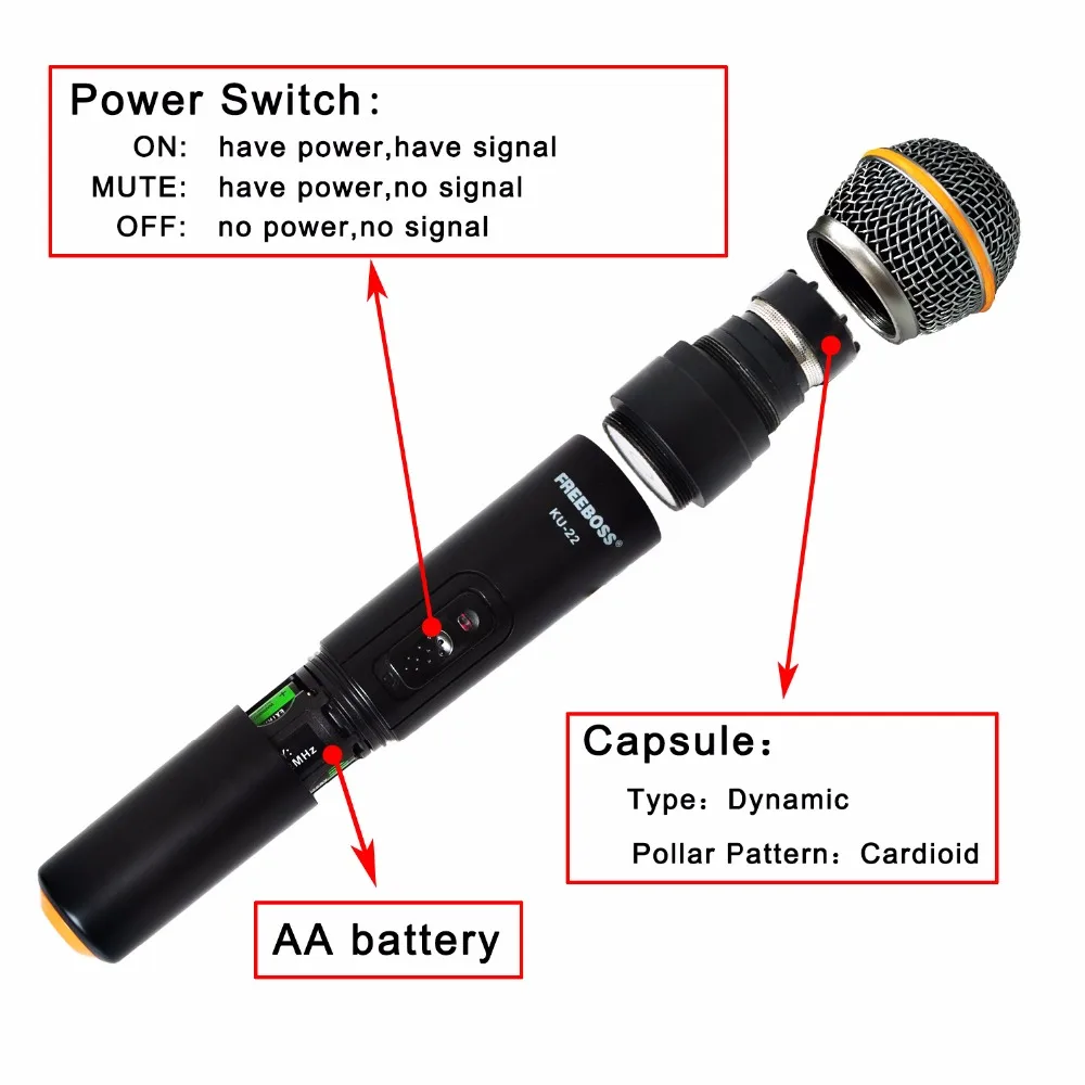 Freeboss KU 22 UHF большой радиус двухканальный 2 ручной передатчик микрофона