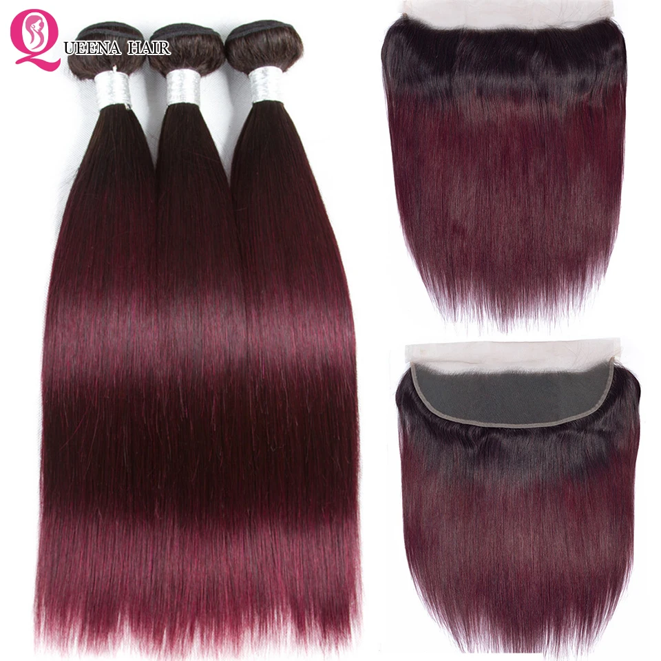 

Lace Frontal With Bundles Deals Ombre 1B 99j Bundles With Frontal Raw Indian Human Hair Straight Bundles With Frontal Closure