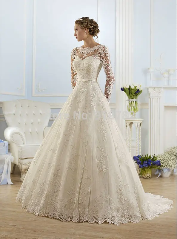 

Vestido De Noiva 2019 New Fashionable Elegant High Neckline Appliqued A Line Long Sleeve Wedding Dress Lace Bridal Gown