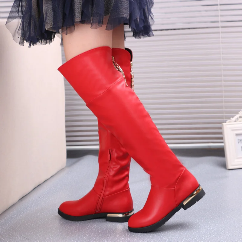 red leather knee high flat boots