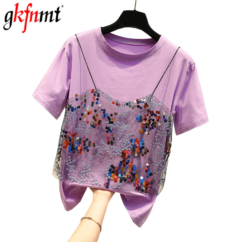 

gkfnmt Korea Style Women t shirt 2019 Summer Short Sleeve Tops Mesh Sequin Fake Two Pieces Tee Shirt Femme Fashion Tops Big Size