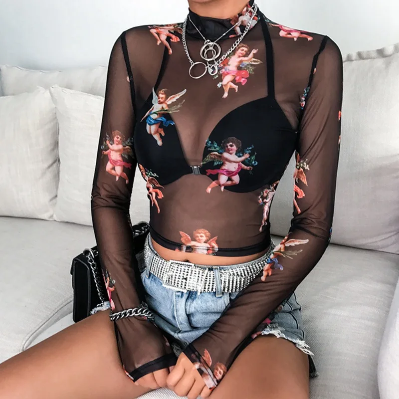 

Sexy Women T Shirt See Through Transparent Mesh Tops Long Sleeve Sheer Mesh Slim Ladies T-Shirt Cute Angel Printed Crop Top