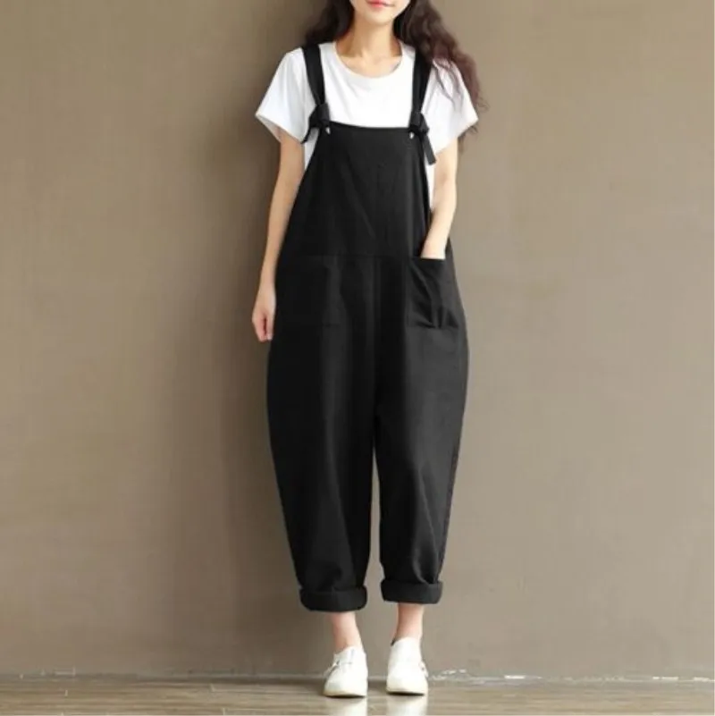 

New Fashion Plus Size Women Casual Cotton Linen Pants Cotton Jumpsuit Strap Harem Loose Trousers Overalls Jumpsuit US Stock