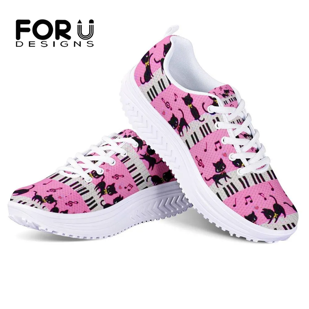 

FORUDESIGNS 3D Cute Animal Cat with Piano Music Note Women Flats Platform Shoes Woman Pink Height Increasing Ladies Swing Shoes