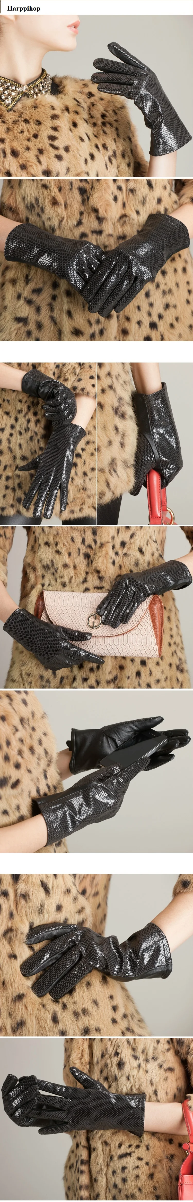 Модные женские серпантиновые короткие перчатки из овчины черного цвета с сенсорным экраном из натуральной кожи для девочек, женские наручные перчатки