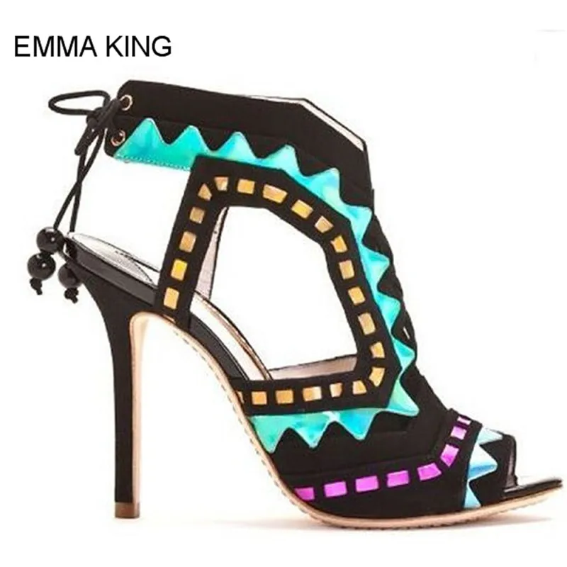 

EMMA KING Peep Toe Thin High Heels Women Sandals Ethnic Fashion Ankle Back Lace Up Fringe Mixed Color Modern Mujer Party Shoes