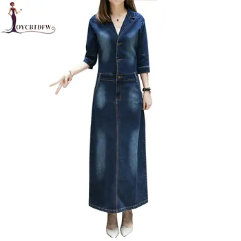 

Spring New Dress Women Large size XL-5XL V neck Denim Long Dresses 2018 Autumn Slim Casual Simple Female Denim Dress FASHION337