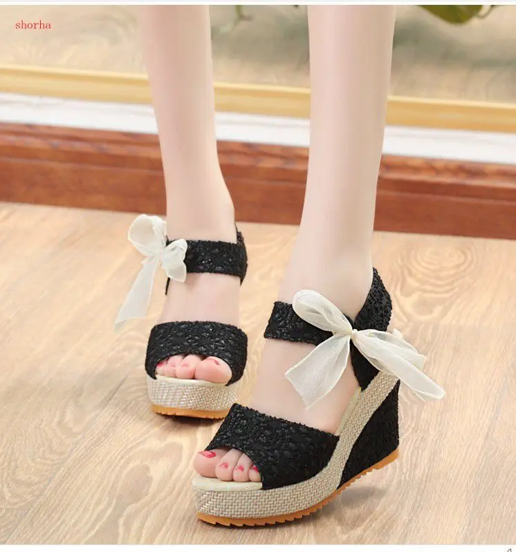

Women Sandals Summer Wedges Women's Sandals Platform Lace Belt Bow Flip Flops open toe high-heeled Women shoes Female 35-40