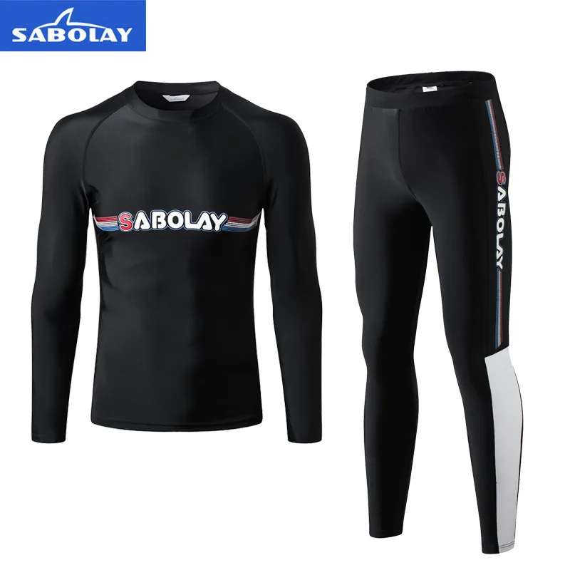 

SABOLAY 2019 New Men Women Rash Guard Long Sleeve Swimsuit Split Quick Dry Sunscreen UV UPF50+ Snorkeling Rashguard Surf Set